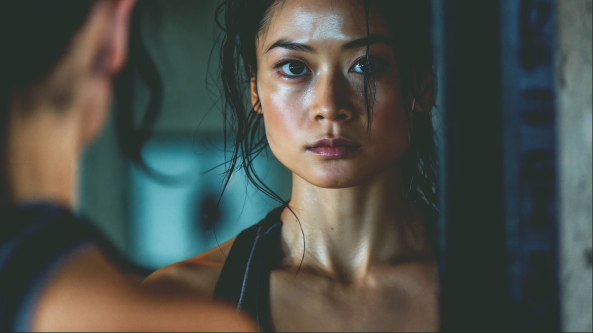 A woman looking at herself in the mirror